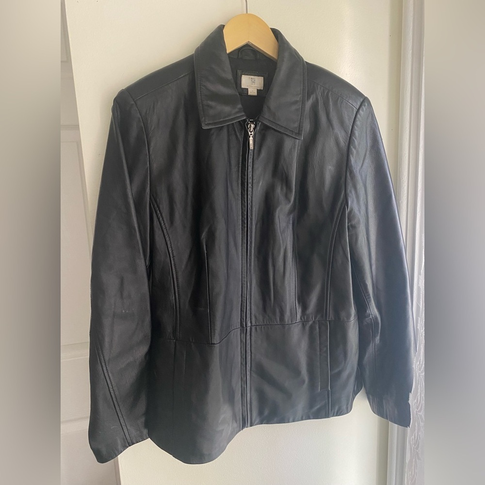 VTG APT 9 Womens Medium 100% Lambskin Leather Jacket Black Friends 90s Biker EUC